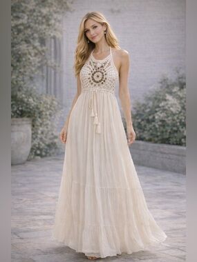 LUXE Boho Crochet Halter Maxi Dress Tassel Tie Cream NWT
